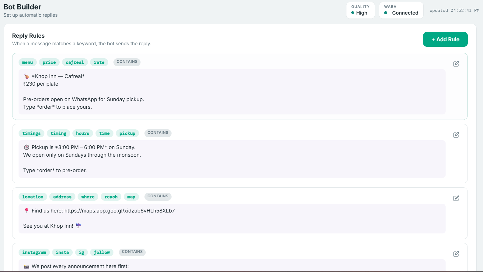 Cosmos Connect bot builder — keyword-triggered reply rules with tags, contains match, and formatted responses