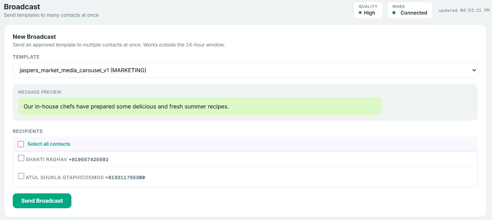 Cosmos Connect broadcast composer — template picker, message preview, and recipient checklist