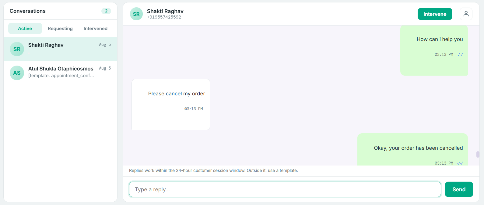 Cosmos Connect shared team inbox — conversation list on left, active WhatsApp chat on the right with Intervene button